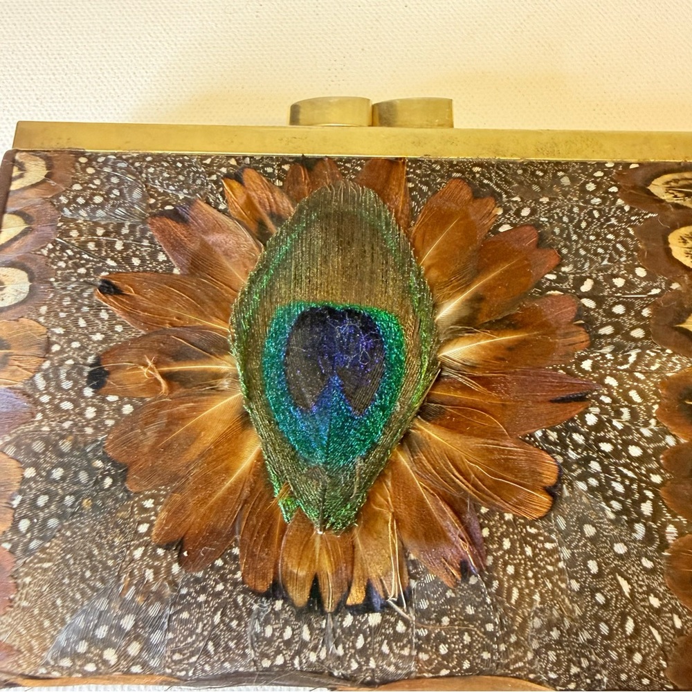 VTG 60s/70s Peacock & Pheasant Feather Clutch Wallet | Boho MCM Evening Bag - Picture 2 of 13